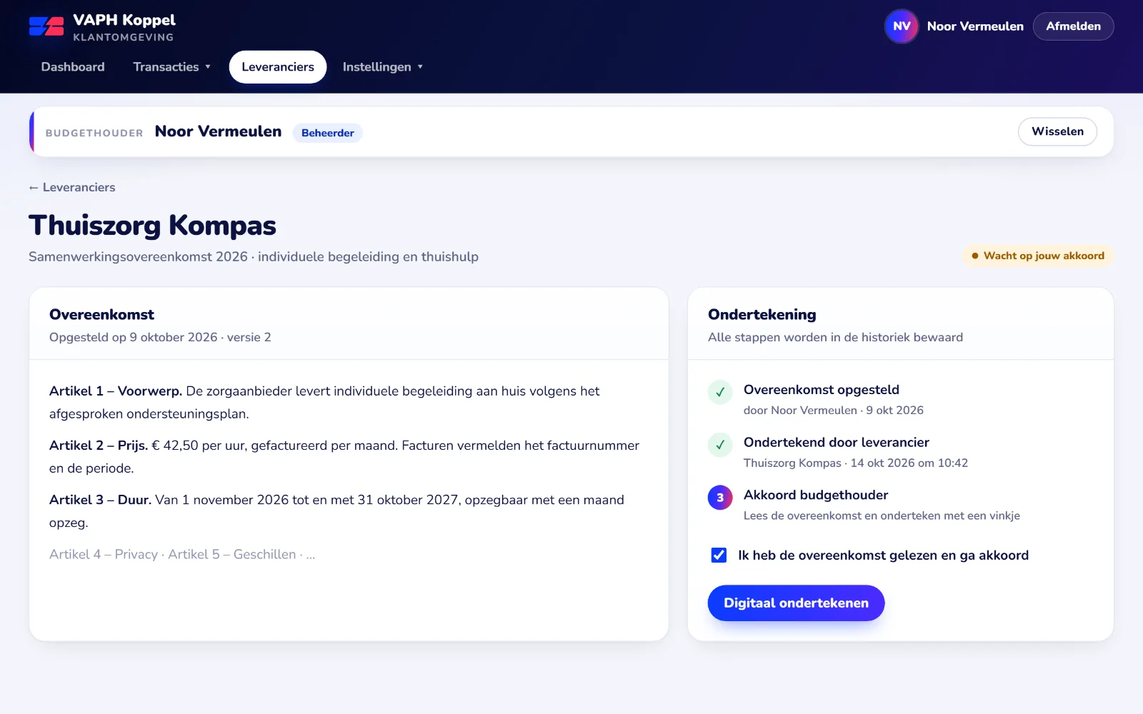 Samenwerkingsovereenkomst met een leverancier: de tekst van de overeenkomst en de stappen van de ondertekening, met een knop Digitaal ondertekenen.